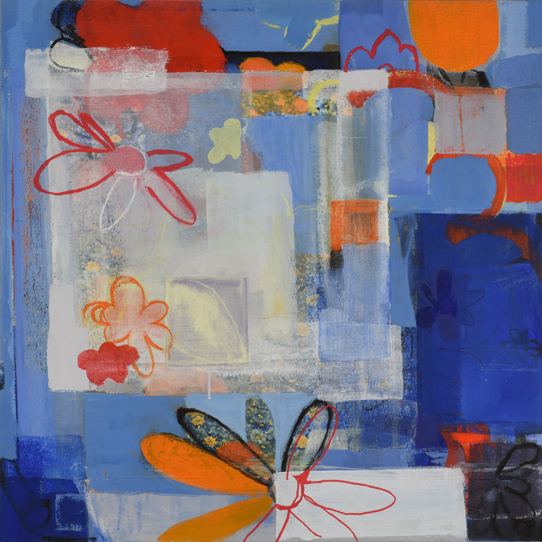 BloomsinBlue30X30oilandacryliconlinenandtextile