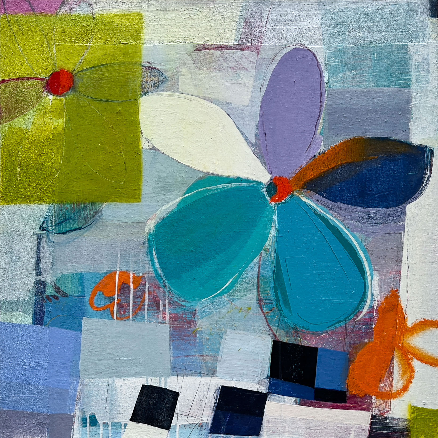 Spring-Bloom_36-x-36_oil-acrylic-sand-and-textile-on-linen